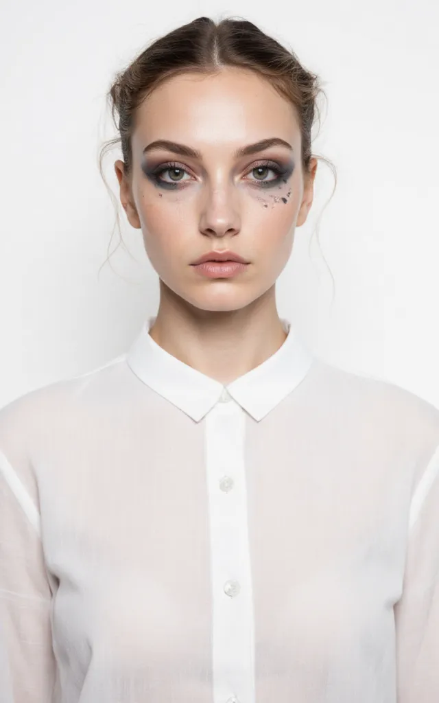 A French female model with a Sci   fi   inspired makeup style, wearing a shirt, against a white background, in a front   facing bust portrait